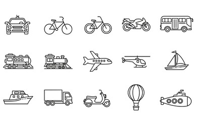Collection of Various Vehicles and Transportation Modes Line Art Illustrations for Design Projects