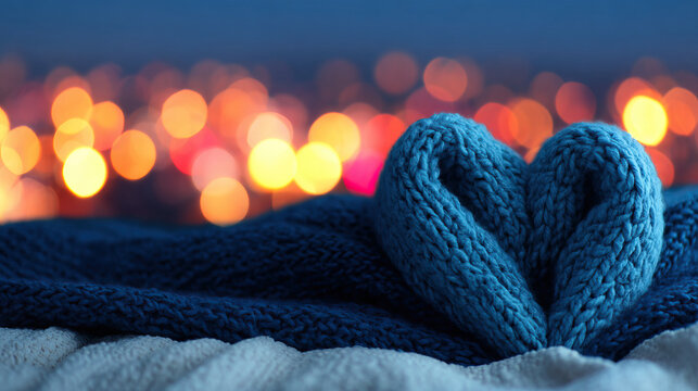 Cozy night scene with blue knitted blanket folded into heart shape, warm and inviting atmosphere, soft bokeh lights in background, romantic and peaceful mood