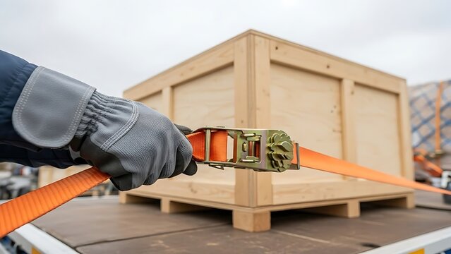 Close up of a worker securing a wooden crate with a ratchet strap