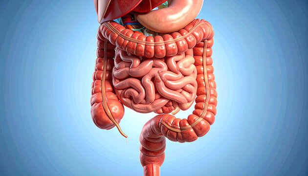 Detailed 3D rendering of the human digestive system showing intestines, stomach, and liver on a blue background.