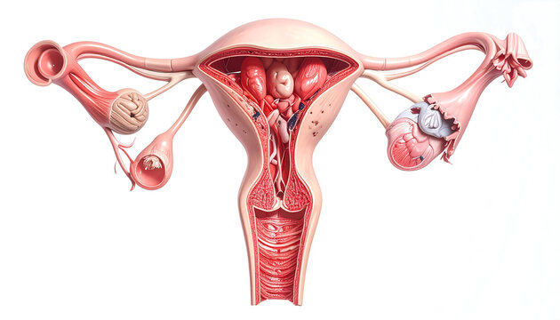 Detailed anatomical illustration of the female reproductive system showing uterine fibroids and an ovarian cyst.