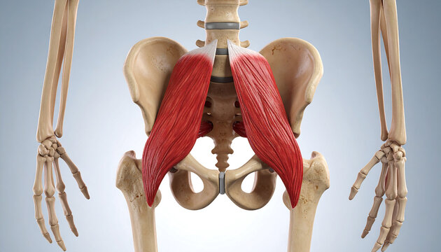 Anatomical illustration of the human psoas major muscles and pelvic skeleton.