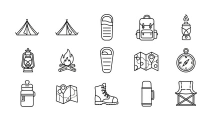 Outdoor camping gear and equipment line icons suitable for adventure and travel themed design © @_ greta