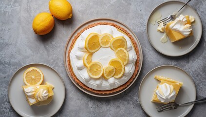 Baked lemon tart with creamy surface and lemon garnish representing sweet food preparation