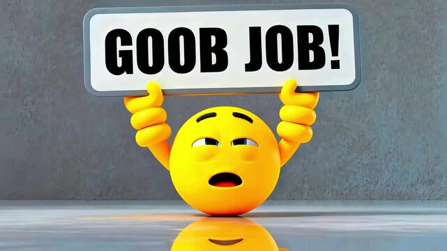 Animated happy yellow emoji character holding a vibrant sign that clearly communicates the positive affirmation "Good Job" to recognize excellent performance or achievement