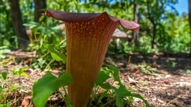 Close-up of a unique corpse flower blooming in a lush green forest environment.