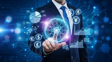 Businessman interacting with futuristic financial interface