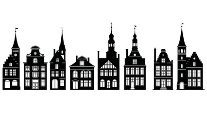 Fototapeta premium Stylized black and white silhouette of historical European city skyline with diverse architecture