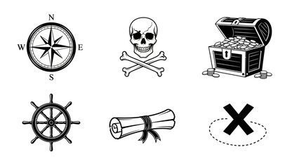 Set of pirate themed symbols including compass skull ship wheel and crossbones © @_ greta