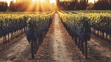 Vineyard Rows at Sunset with Grape Vines.