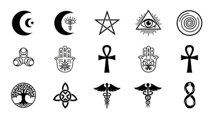 Collection of mystical and spiritual symbols featuring celestial, pagan, and healing icons in