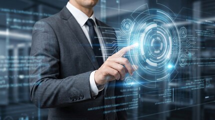 Businessman interacting with futuristic digital interface in modern office