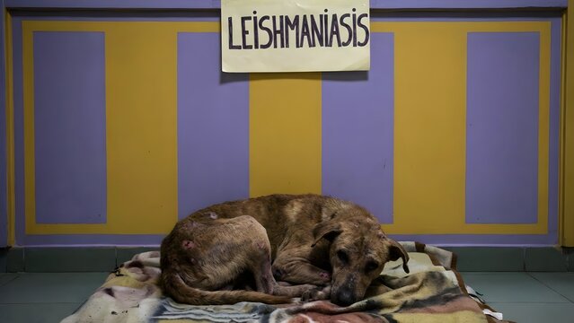 A brown dog lies curled up on a colorful blanket in front of a purple and yellow wall with a sign reading leishmaniasis with sick dog and veterinary medicine