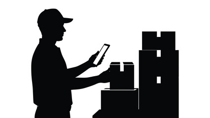 Silhouette of delivery person wearing cap scanning package with handheld device near stacked boxes