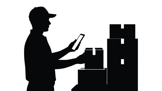 Silhouette of delivery person wearing cap scanning package with handheld device near stacked boxes - Powered by Adobe