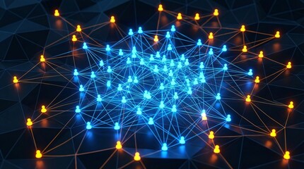 Network of connected people nodes in blue and orange on dark background