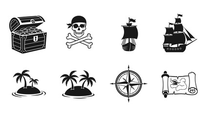 Collection of pirate-themed icons including treasure chest skull and crossbones sailing ship and