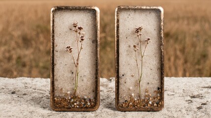 Vintage Glass Slabs with Dried Wildflowers.