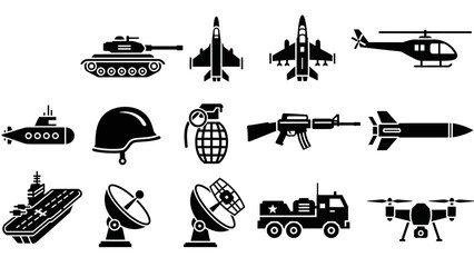 Military and aviation icons collection featuring tanks fighter jets helicopters and communication © @_ greta