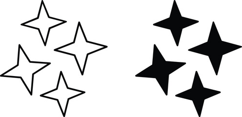 Abstract four pointed star sparkle icons set in outline and solid style, decorative twinkle symbol isolated on white