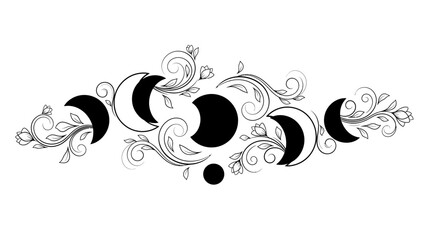 Elegant black and white moon phases with floral accents creating a mystical design © @_ greta