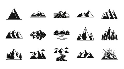 Set of minimalist mountain icon illustrations in black and white style