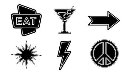 Collection of black and white icons representing food drinks directions and peace symbols for