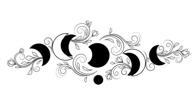 Elegant black and white moon phases with floral accents creating a mystical design