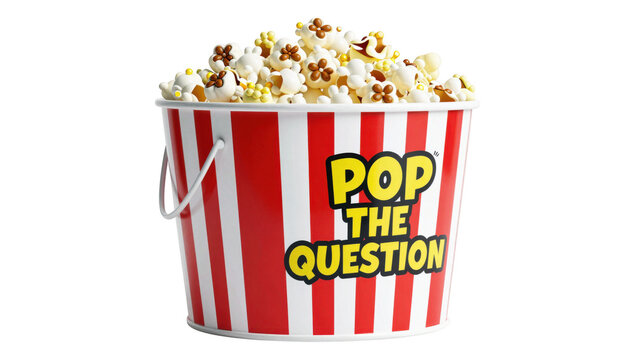 Pop the question phrase on large striped popcorn bucket filled with cute stylized kernels proposing