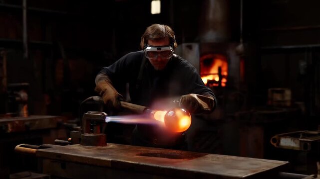 Crafting a glass orb in a hot studio with skilled hands and precise tools during a glassblowing session in a workshop
