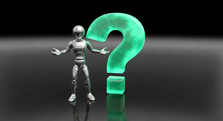 Metallic robot stands with open arms near a green question mark on reflective surface, symbolizing confusion, inquiry, or lack of knowledge