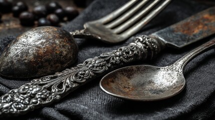 Vintage Silverware on Dark Fabric Background.