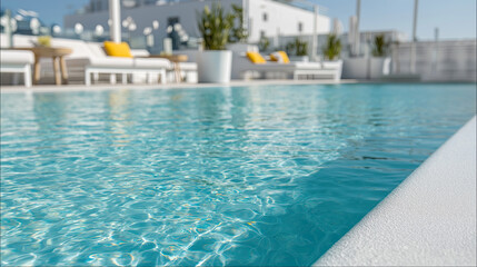 Sparkling pool water fills foreground with resort loungers softly blurred