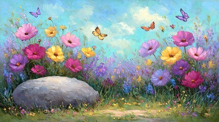 Vibrant Flowers and Butterflies in Field.