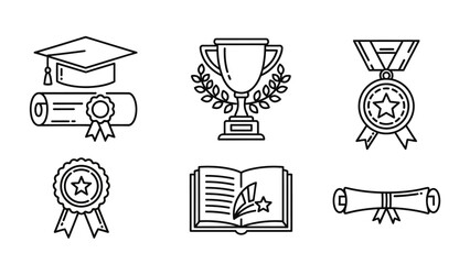 Simple Line Art Icons Representing Academic Achievements and Educational Tools