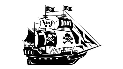 Illustration of a classic pirate ship with skull and crossbones flags and jolly roger symbols