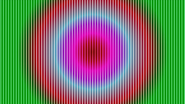 Vibrant abstract radial gradient of vertical lines transitioning through green red magenta blue and purple creating a mesmerizing hypnotic optica