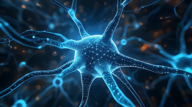 Abstract Conceptualization of a Human Brain's Neural Network, Featuring Interconnected Neurons and Synapses Electrically Transmitting Data for Complex Cognitive Processes
