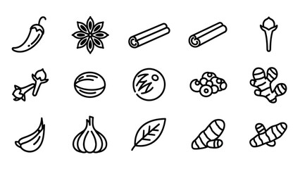 Collection of spice and herb icons including chili pepper garlic cinnamon and more for culinary