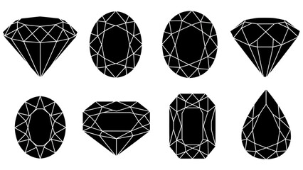 Illustration of Various Geometric Gem Cut Shapes in Black and White Line Art Style