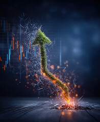 Blurred market numbers glow behind rising arrow, suggesting bullish momentum surge.