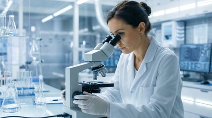 Woman scientist using a microscope for research in a high-tech laboratory. Science, medicine and biotechnology concept for scientific discovery and medical advancement.