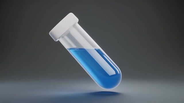 A clear test tube containing a vibrant blue liquid, slanted against a neutral grey backdrop, symbolizing scientific discovery and research