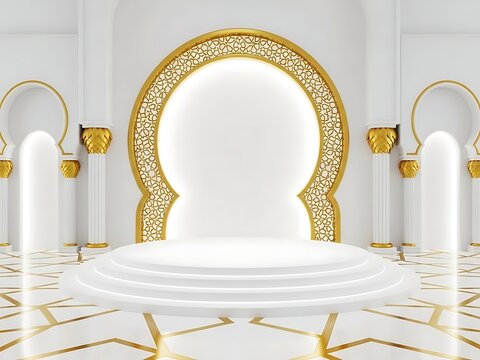 Opulent white and gold mosque interior with intricate design