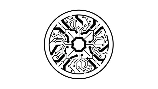 Futuristic digital coin illustration with circuit board design in black and white minimalistic style