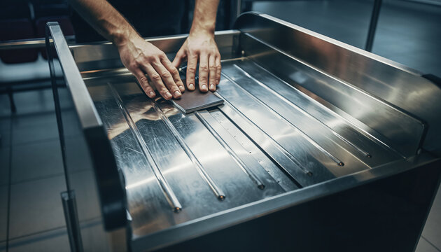 Close-up of a person's hands placing a dark object on a stainless steel industrial surface with parallel grooves.