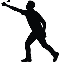 Darts player in side view throwing a dart at full extension, solid black silhouette