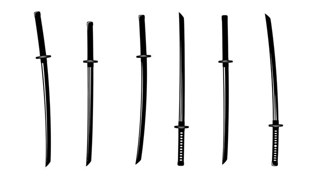 Collection of traditional Japanese swords including katana, wakizashi, and tantō in various shapes