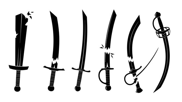 Collection of illustrated knives and a sword forming a dramatic display with diverse blade styles