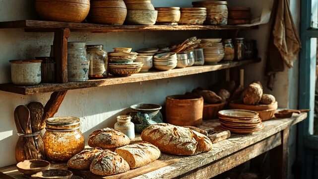 Rustic kitchen with earthenware pottery and freshly baked bread displayed on weathered wooden